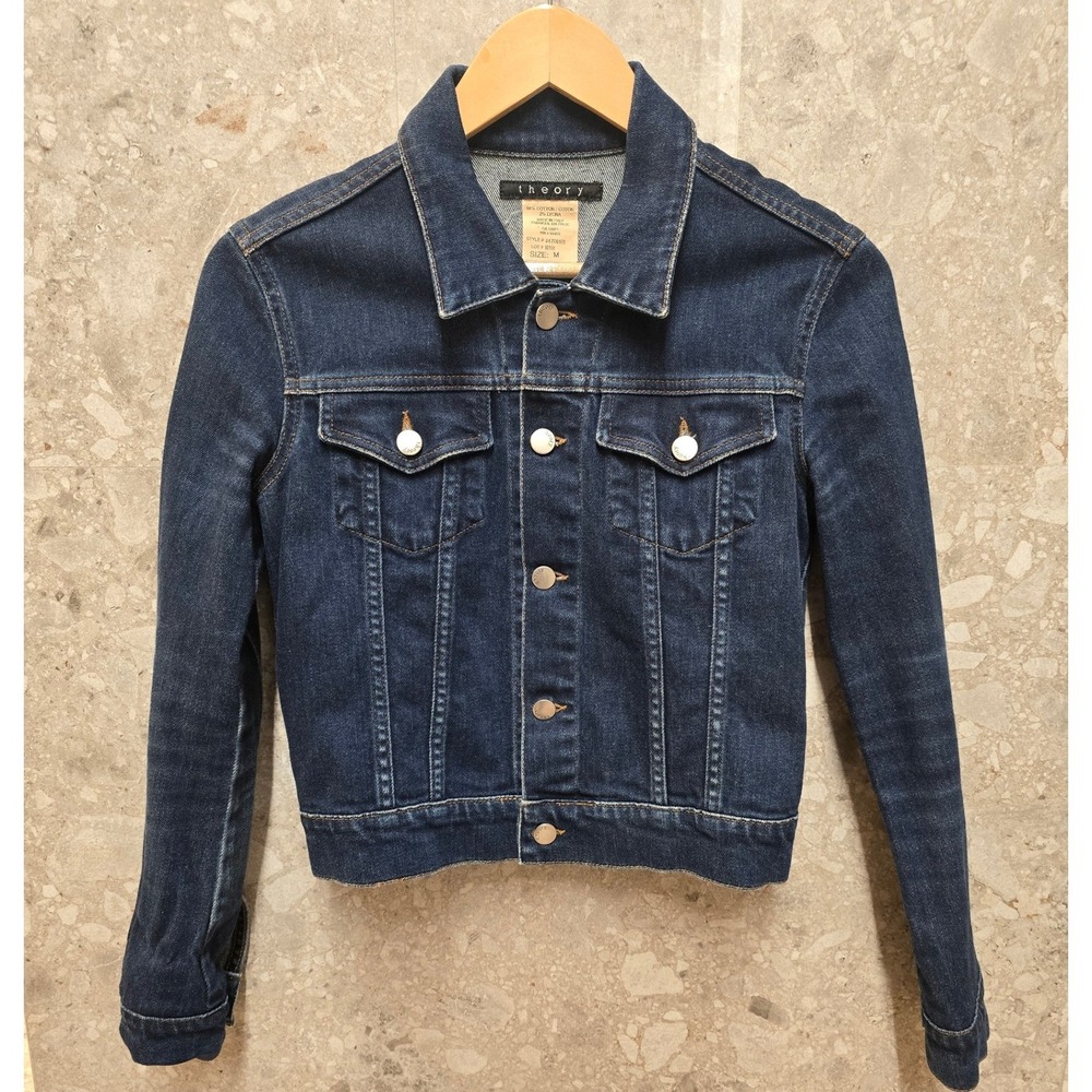 Theory Womens Blue Denim Jacket Medium Buttons Navy Blue Made in Italy Cotton